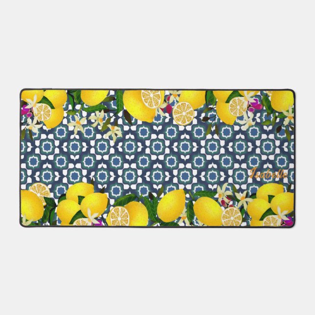 Lemon Mediterranean Tiles Navy Desk Mat (Front)