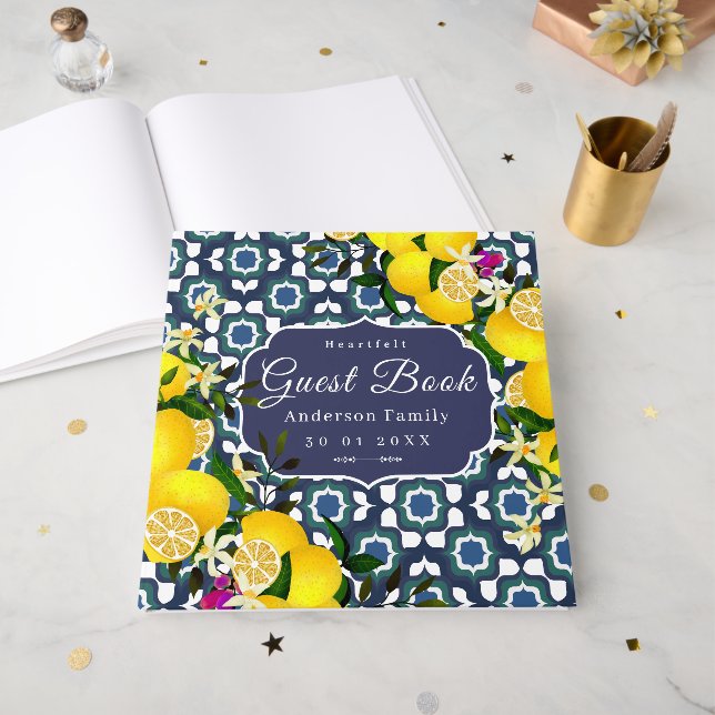 Lemon Mediterranean Tiles Navy Guest Book (Front Open)