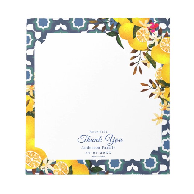 Lemon Mediterranean Tiles Navy Notepad (Front)