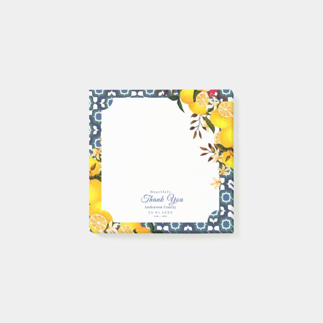 Lemon Mediterranean Tiles Navy Post-it Notes (Front)