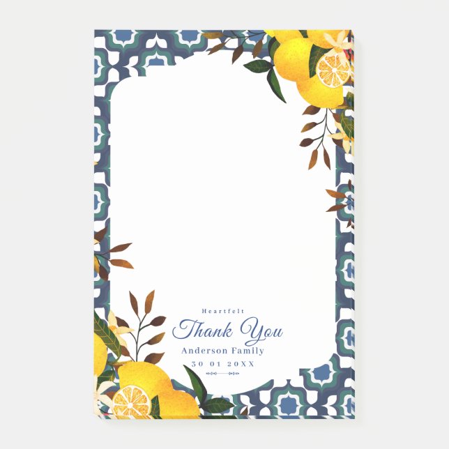 Lemon Mediterranean Tiles Navy Post-it Notes (Front)