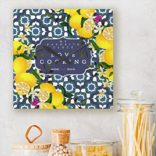 Lemon Mediterranean Tiles Navy Square Wall Clock