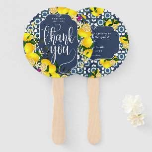 Lemon Mediterranean Tiles Navy White Thank You  Hand Fan