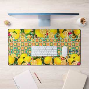 Lemon Mediterranean Tiles Orange Desk Mat