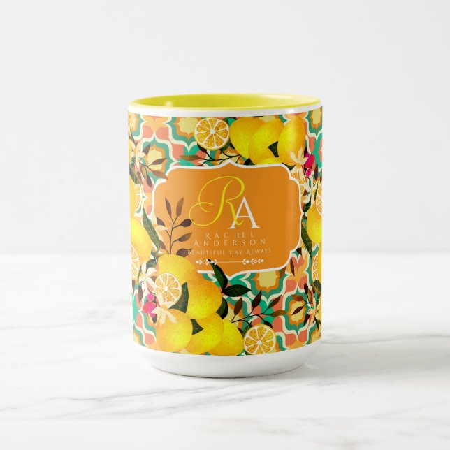 Lemon Mediterranean Tiles  Orange Green Mug (Center)