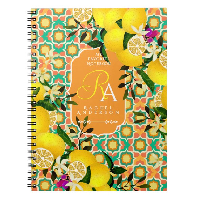 Lemon Mediterranean Tiles Orange Notebook (Front)