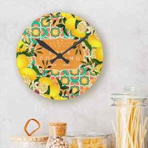 Lemon Mediterranean Tiles Orange Round Clock