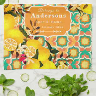 Lemon Mediterranean Tiles Orange Tea Towel