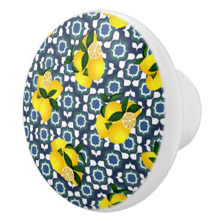 Lemon Mediterranean Tiling Navy Blue White Ceramic Knob