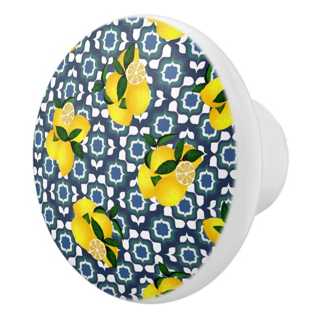 Lemon Mediterranean Tiling Navy Blue White Ceramic Knob (Right)