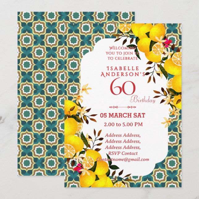 Lemon Mediterranean Turquoise 60th invitation (Front/Back)