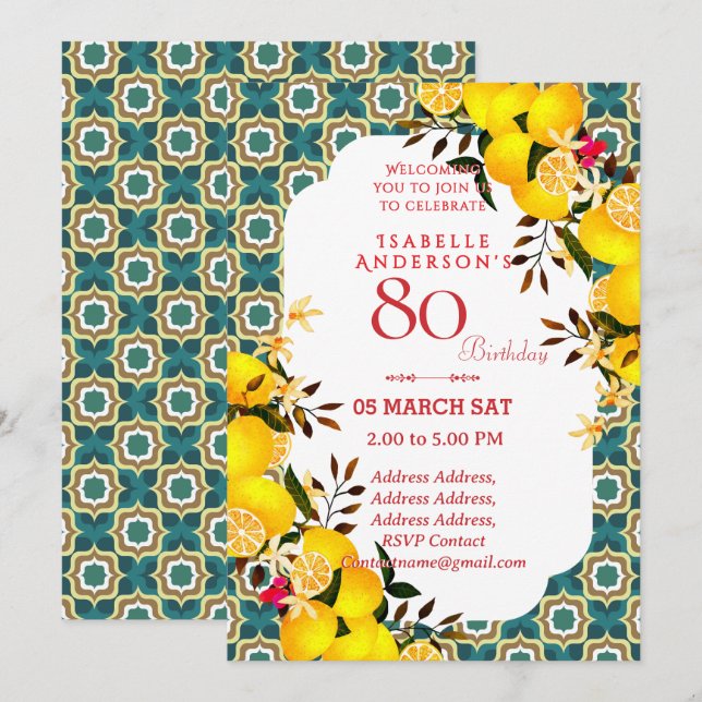 Lemon Mediterranean Turquoise 80th invitation (Front/Back)