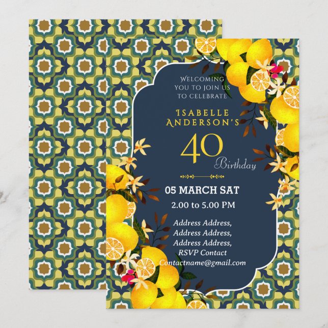Lemon Mediterranean Yellow Blue 40th invitation (Front/Back)