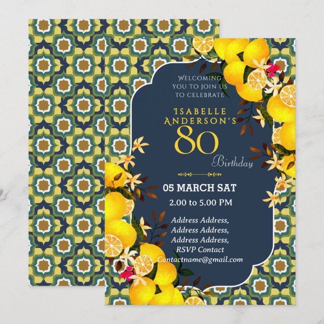 Lemon Mediterranean Yellow Blue 80th invitation (Front/Back)