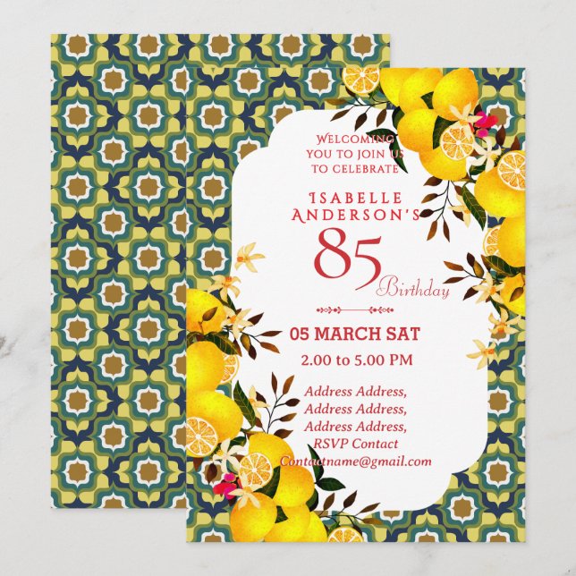 Lemon Mediterranean Yellow Blue 85th invitation (Front/Back)