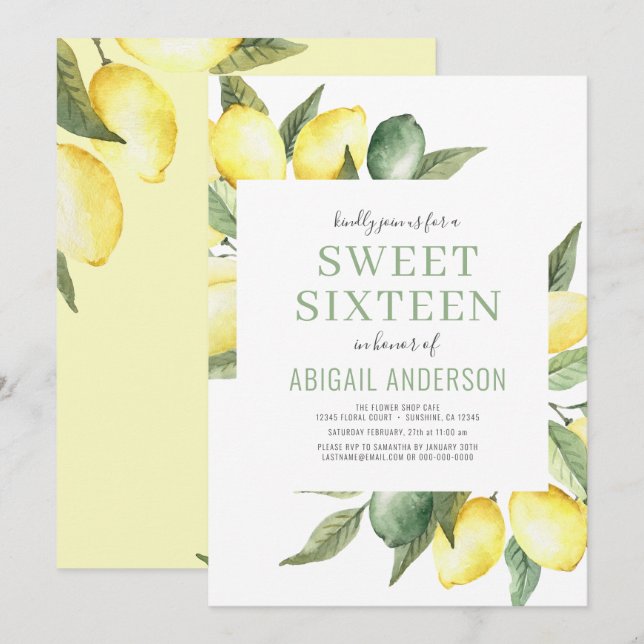 Lemon Modern Citrus Sweet Sixteen Birthday  Invitation (Front/Back)