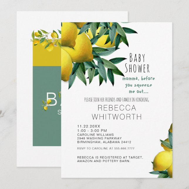 Lemon Momma Before You Squeeze Me Out Baby Shower Invitation (Front/Back)