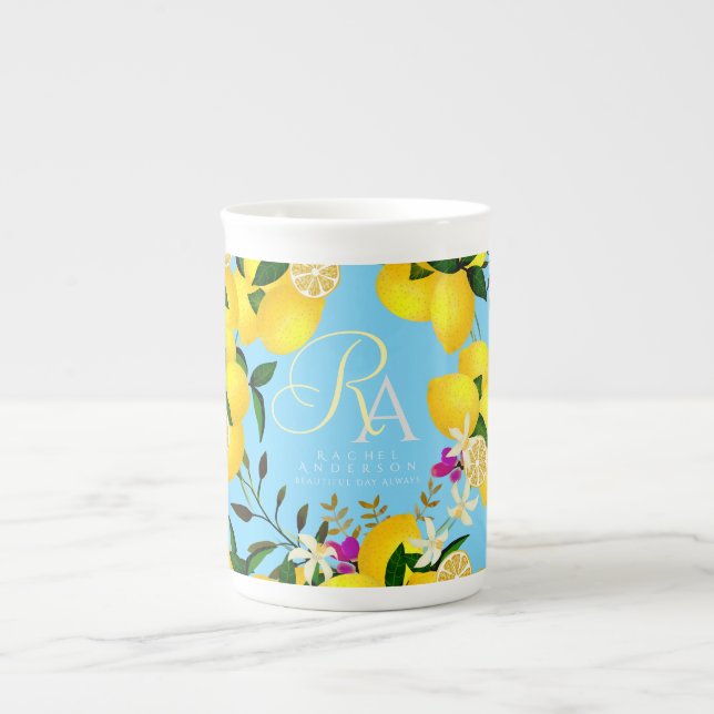 Lemon Monogram Blue Bone China Mug (Front)