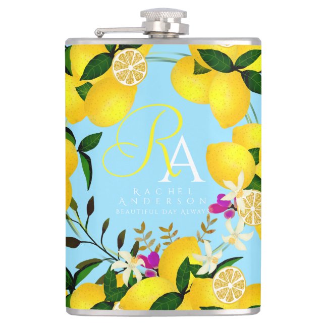 Lemon Monogram Blue Hip Flask (Front)