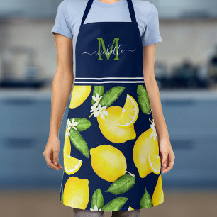 Lemon Monogram Botanical Navy Blue Apron