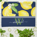 Lemon Monogram Botanical Navy Blue Tea Towel<br><div class="desc">This monogram features a watercolor lemon pattern with solid white where your initial and name can be added.</div>