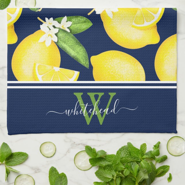 Lemon Monogram Botanical Navy Blue Tea Towel (Folded)