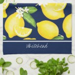 Lemon Monogram Botanical Pattern Navy Blue Tea Towel<br><div class="desc">This monogram design features a watercolor lemon pattern with your name at the top.</div>