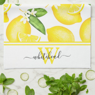 Lemon Monogram Botanical White  Tea Towel