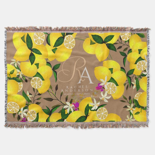 Lemon Monogram Brown Throw Blanket (Front)