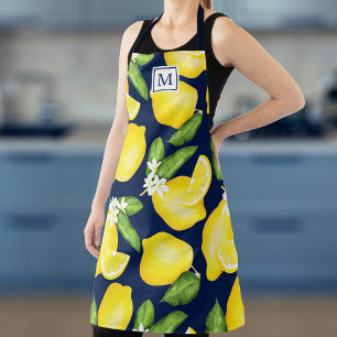 Lemon Monogram Citrus Navy Blue Apron