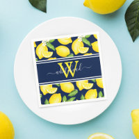 Lemon Monogram Citrus Pattern Navy Blue