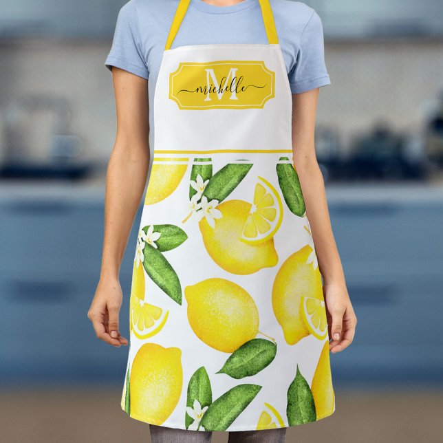 Lemon Monogram Initial Botanical Yellow Apron (Creator Uploaded)