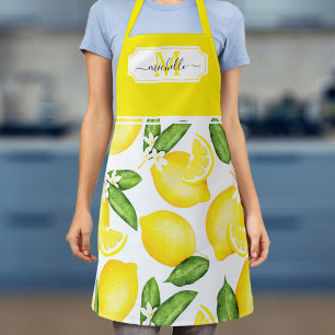 Lemon Monogram Initial Botanical Yellow Citrus Apron