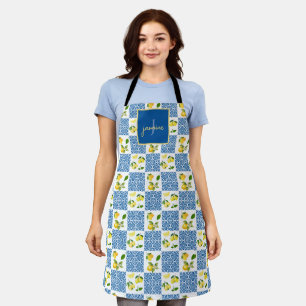 Lemon Monogram Name French Country Tile Pattern Apron