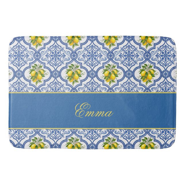 Lemon Monogram Name French Country Tile Pattern Bath Mat (Front)