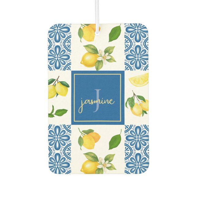 Lemon Monogram Name French Country Tile Pattern Car Air Freshener (Front)