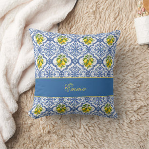 Lemon Monogram Name French Country Tile Pattern Cushion