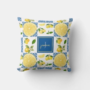 Lemon Monogram Name French Country Tile Pattern Cushion