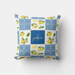 Lemon Monogram Name French Country Tile Pattern Cushion