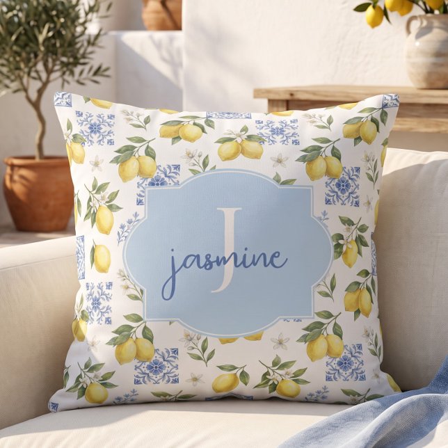 Lemon Monogram Name French Country Tile Pattern Cushion (Creator Uploaded)
