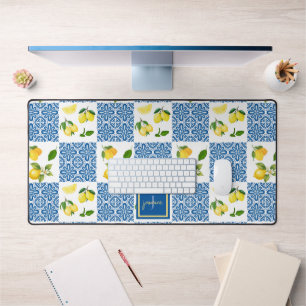 Lemon Monogram Name French Country Tile Pattern Desk Mat