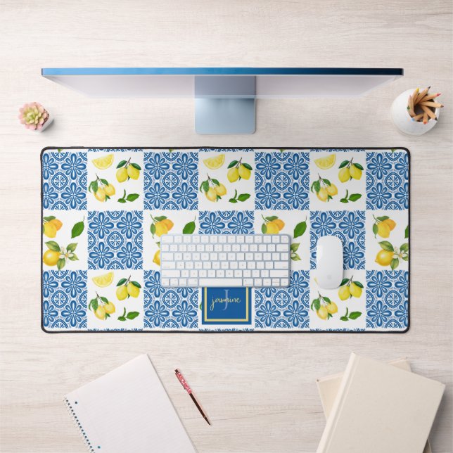 Lemon Monogram Name French Country Tile Pattern Desk Mat (Office 1)