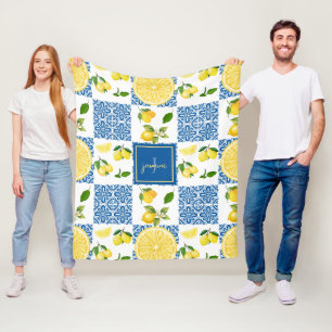 Lemon Monogram Name French Country Tile Pattern Fleece Blanket