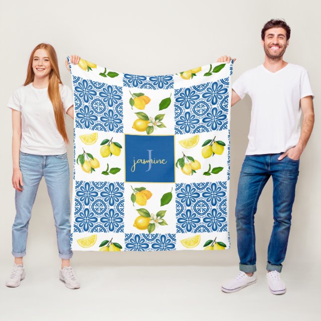 Lemon Monogram Name French Country Tile Pattern Fleece Blanket (In Situ)