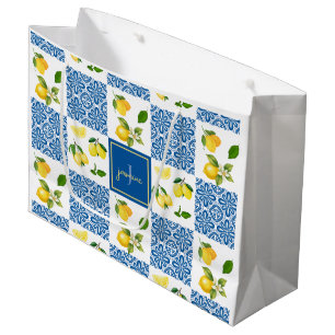 Lemon Monogram Name French Country Tile Pattern Large Gift Bag