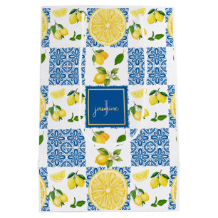 Lemon Monogram Name French Country Tile Pattern Medium Gift Bag