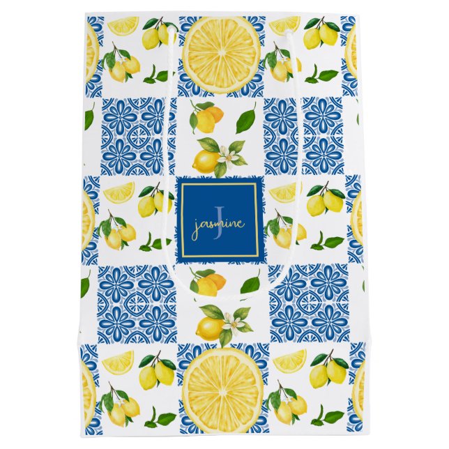 Lemon Monogram Name French Country Tile Pattern Medium Gift Bag (Back)