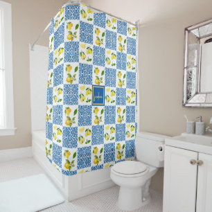 Lemon Monogram Name French Country Tile Pattern Shower Curtain