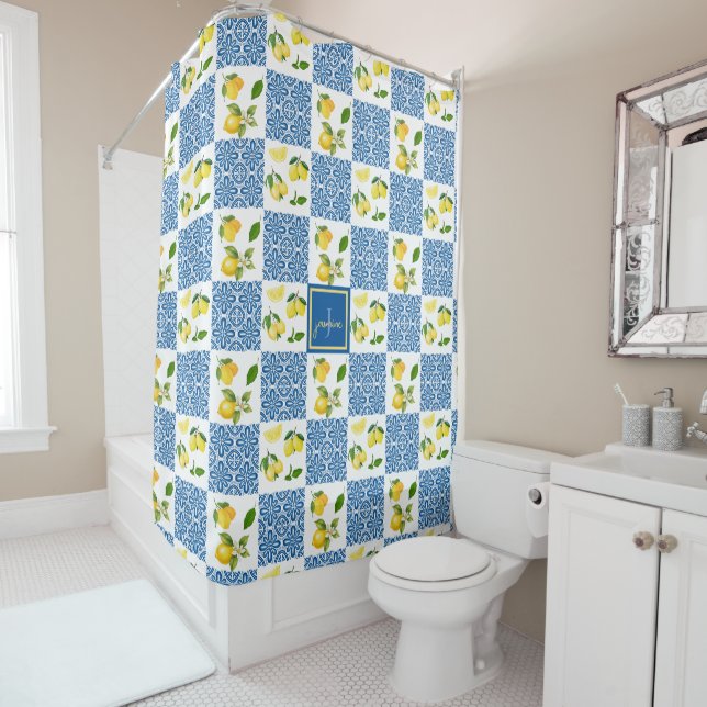 Lemon Monogram Name French Country Tile Pattern Shower Curtain (In Situ)