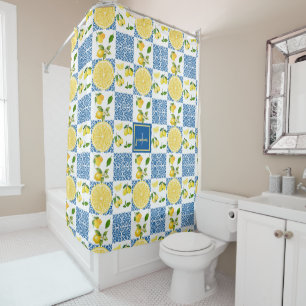 Lemon Monogram Name French Country Tile Pattern Shower Curtain